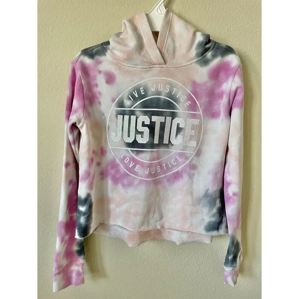 Justice Pink Peach Tie Dye Glitter Sparkle Logo Girls’ Pullover Hoodie Size 8